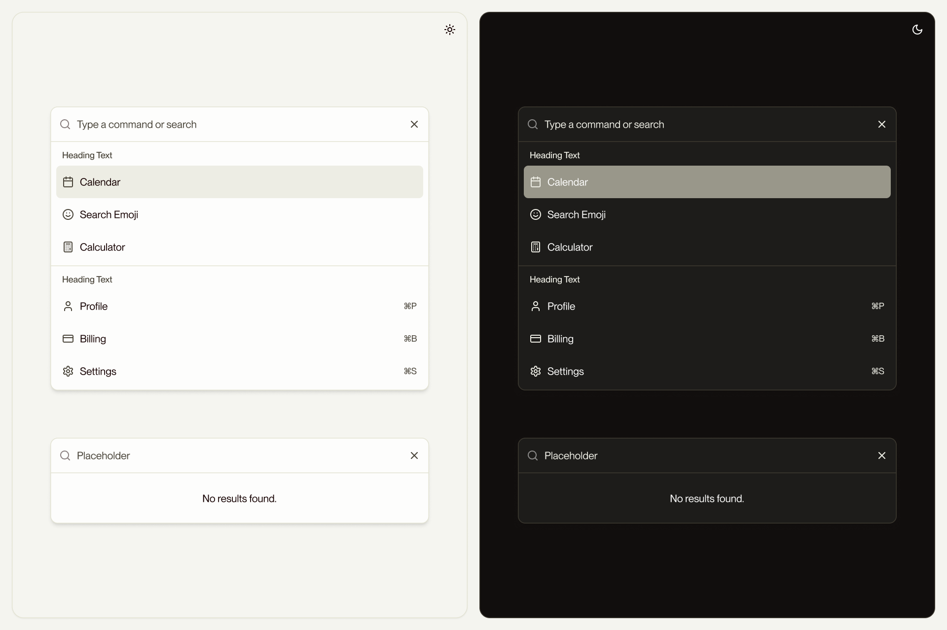 Command palette, light and dark.