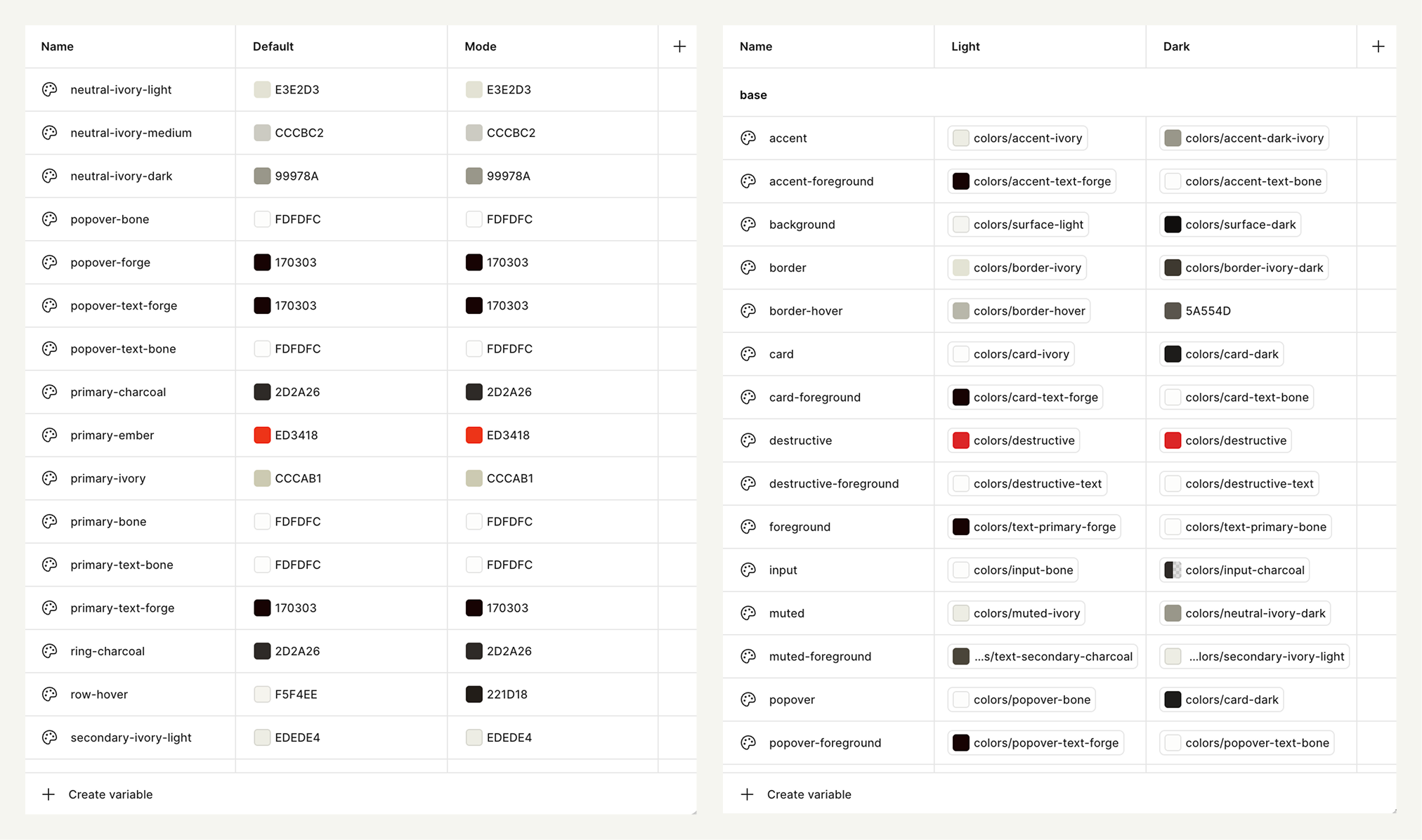 Figma variables panel, light and dark token pairs.