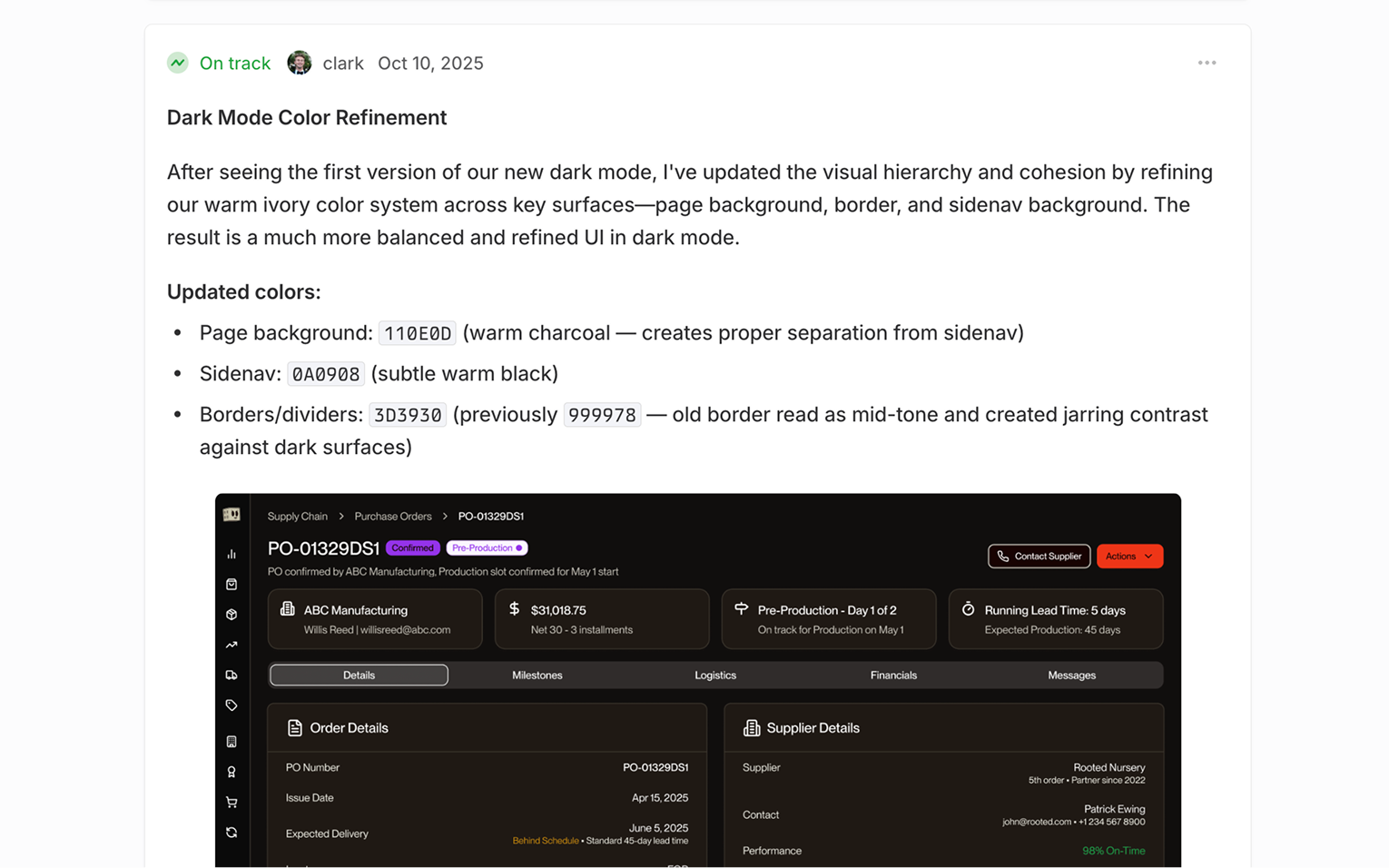 Linear update, dark mode refinement.