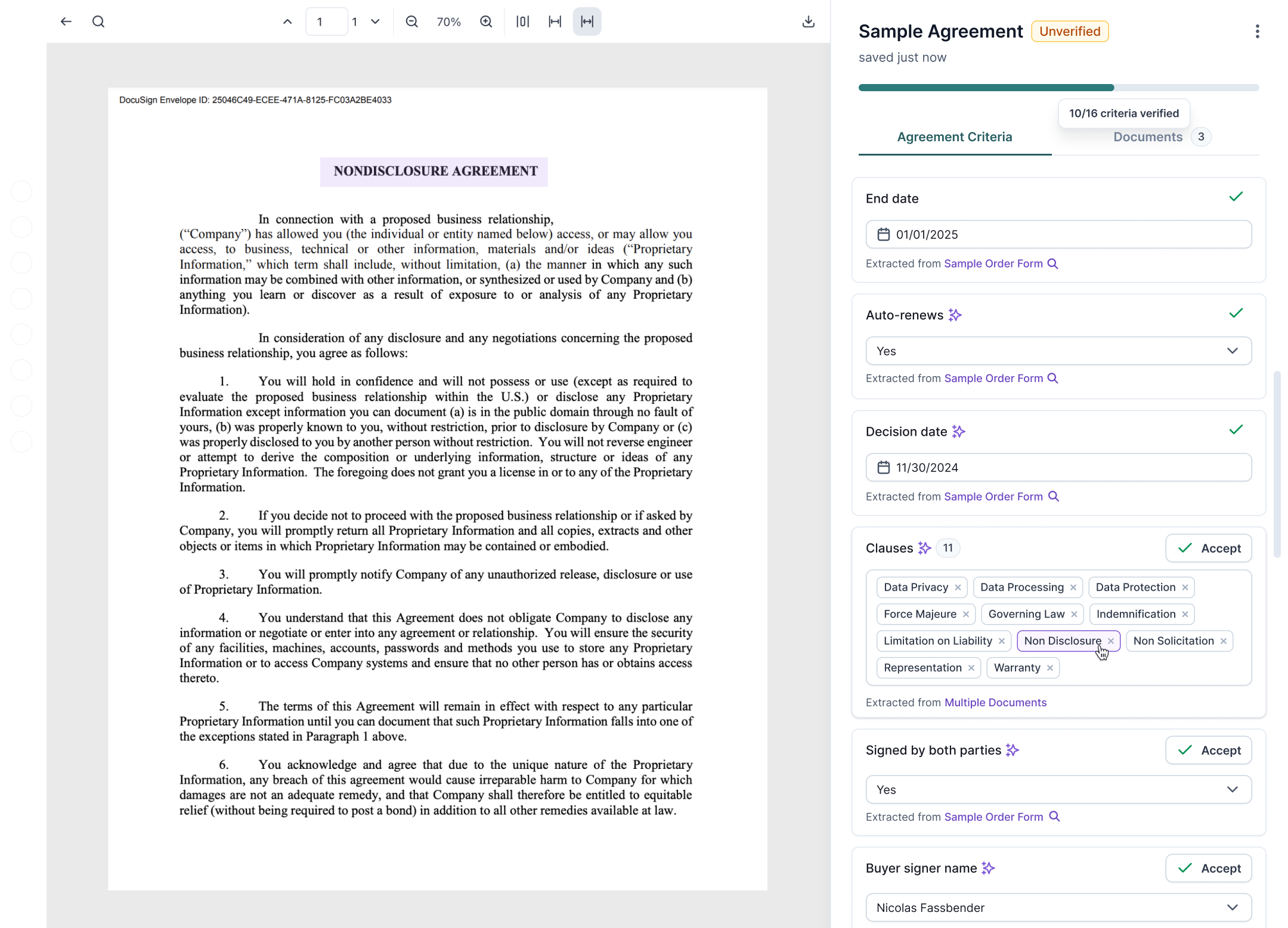 Contract verification split view, field highlighted to source