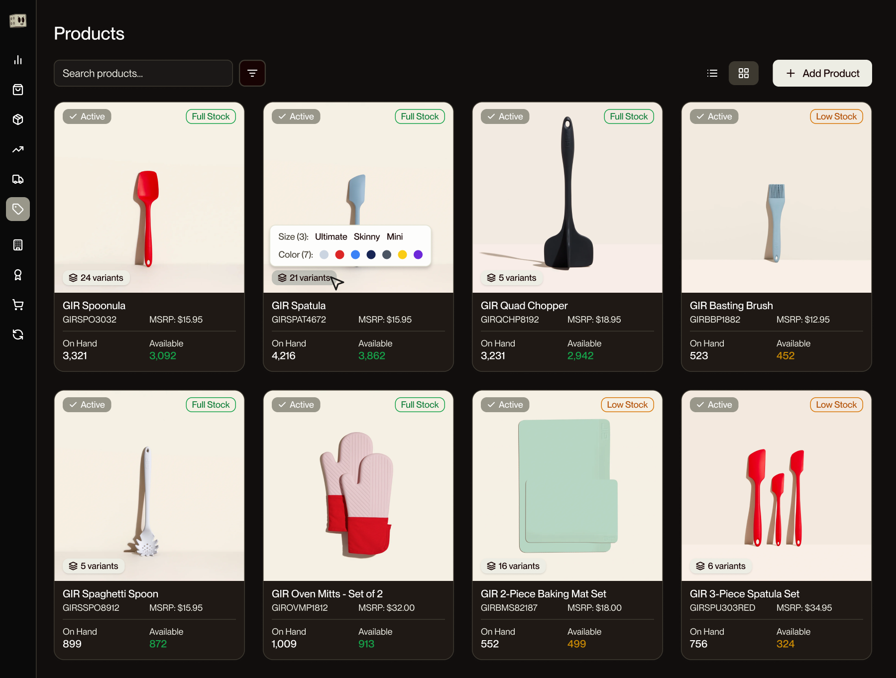 Grid View, visual product cards for scanning imagery, status, and channel availability.