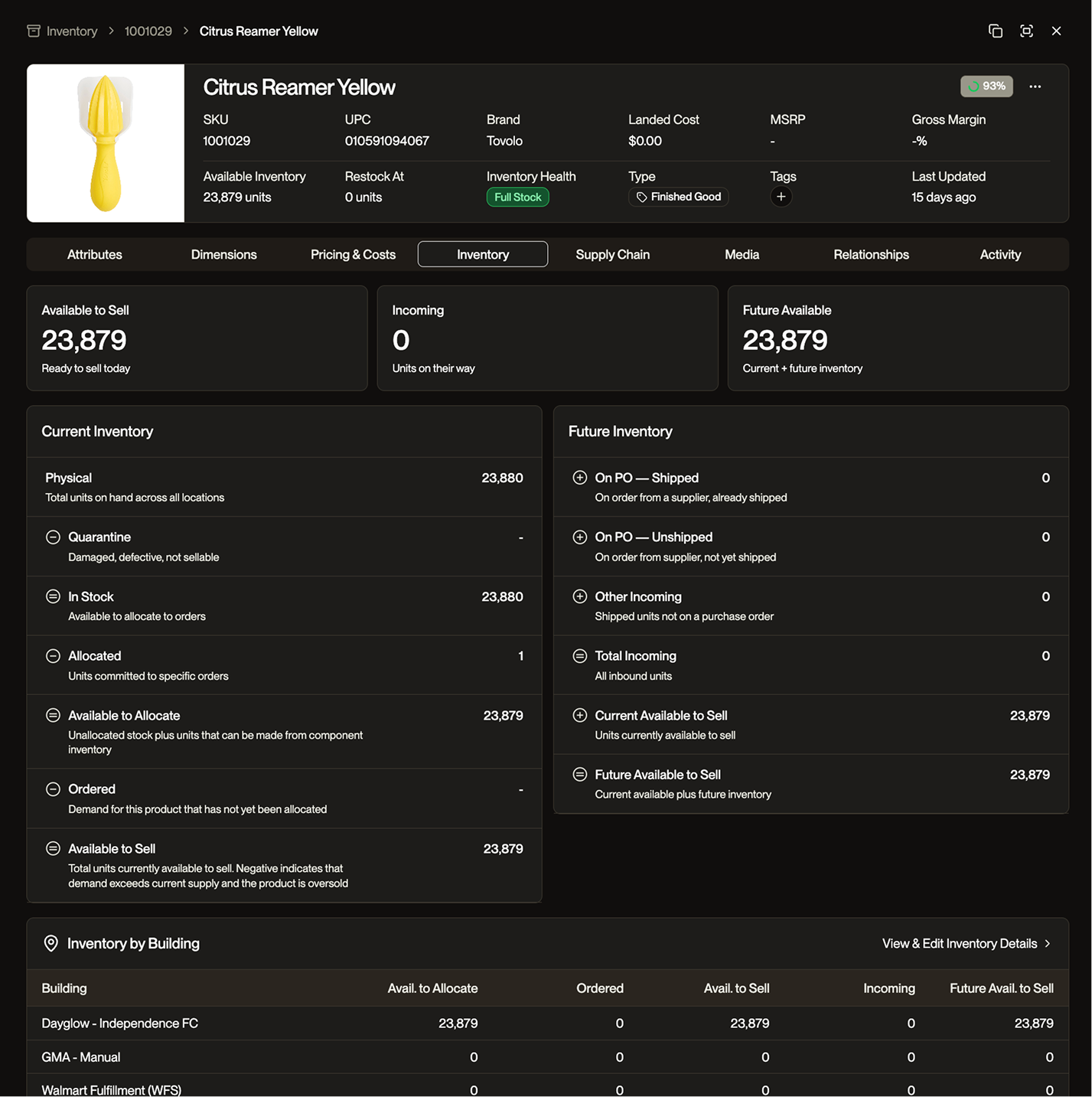 Product Detail Page, Inventory tab, showing days of supply, multi-warehouse breakdown, and inbound units.