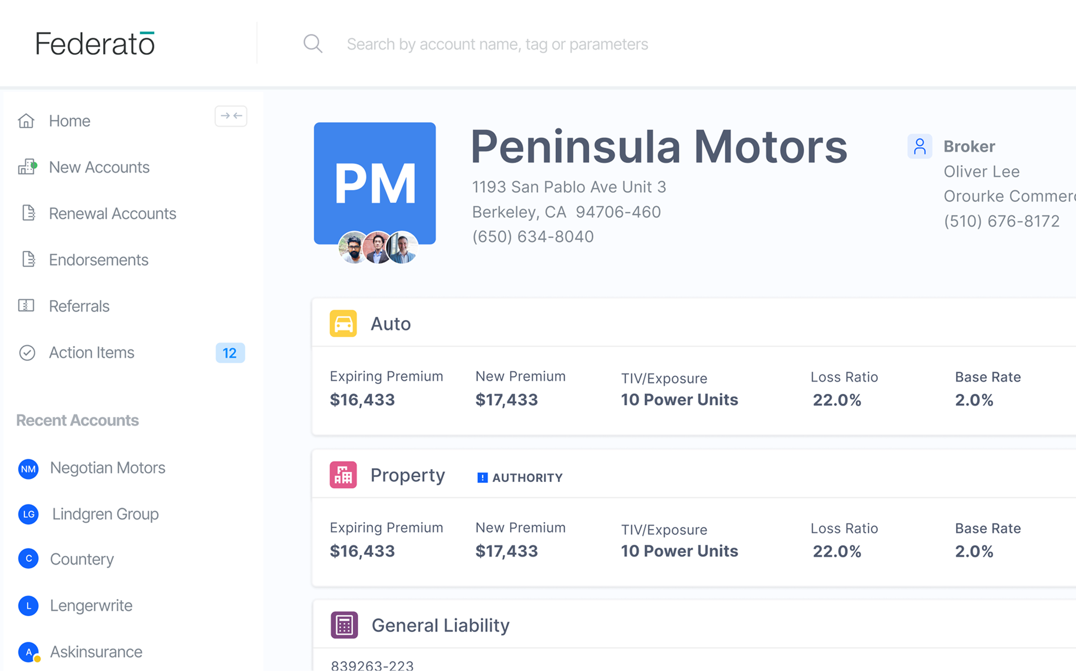 Account workspace with multi-line cards and broker rail